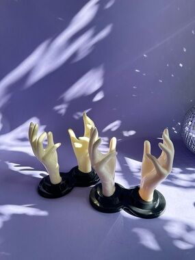 One Pair Vintage 90s Ivory Hand Display Stands on Black Bases